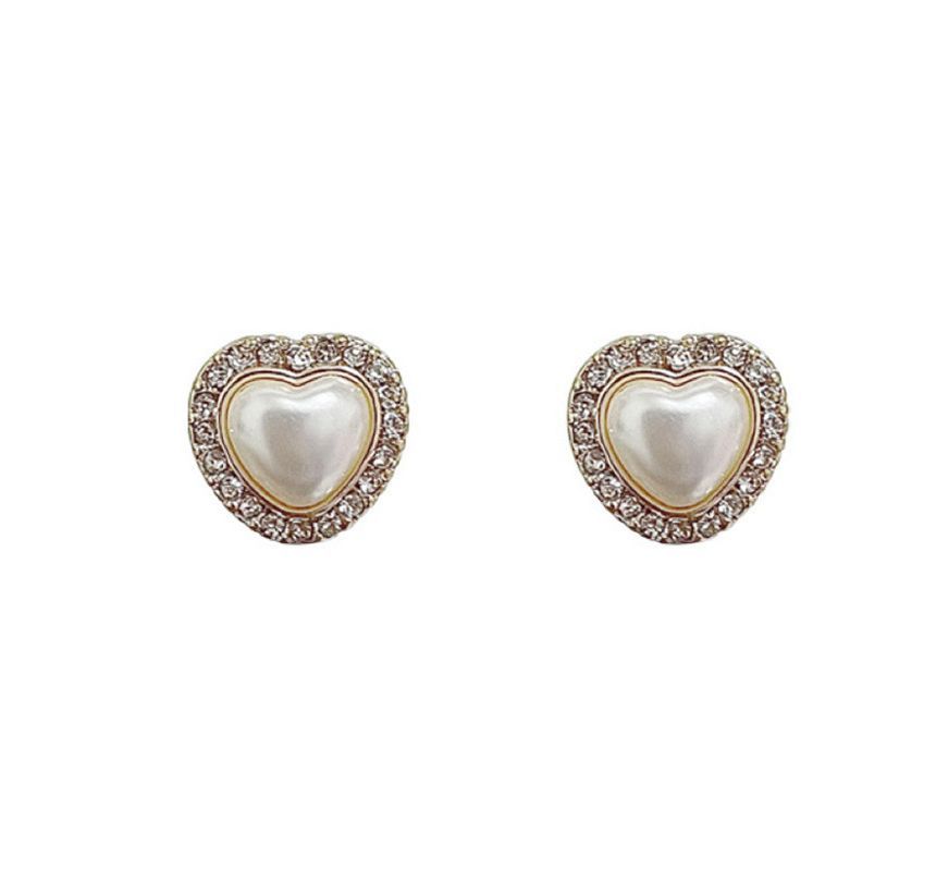 / Pearl Rhinestone Stud Faux Earring Clip-On Heart