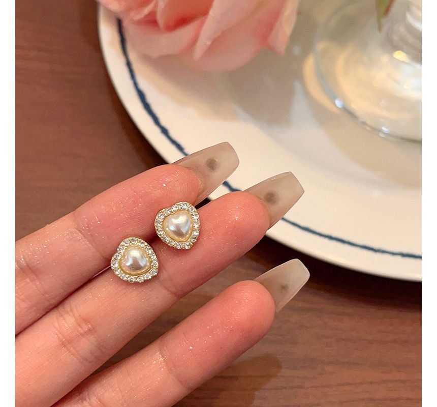 / Pearl Rhinestone Stud Faux Earring Clip-On Heart
