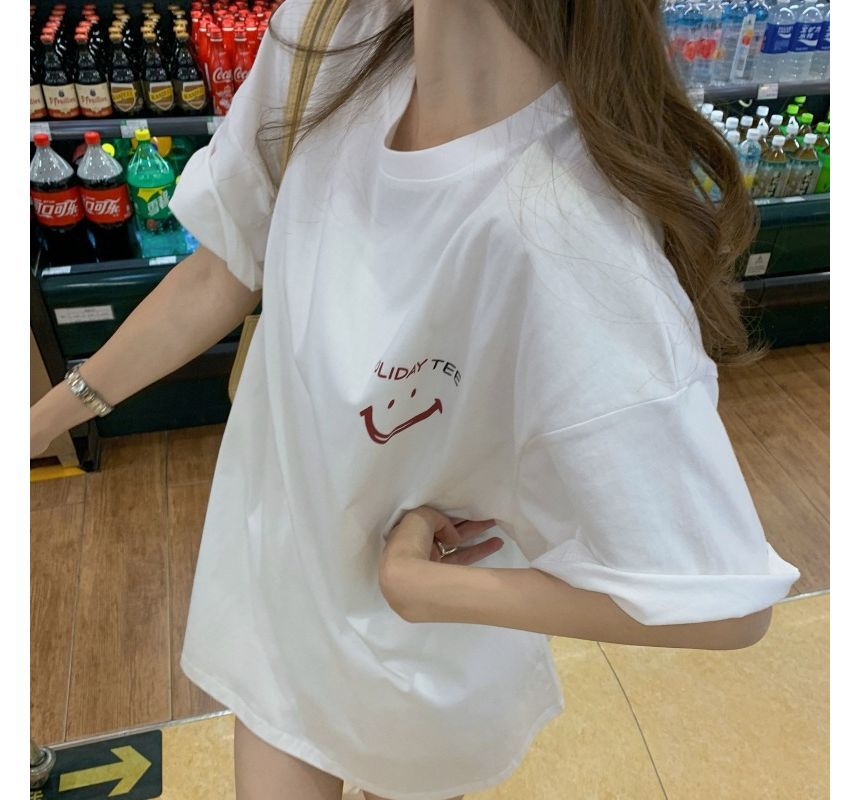 Short-Sleeve Crew Tee Face Smiley Print Neck Tunic