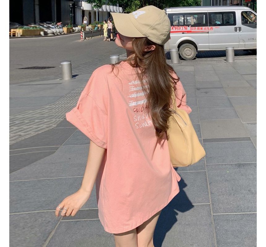 Short-Sleeve Crew Tee Face Smiley Print Neck Tunic