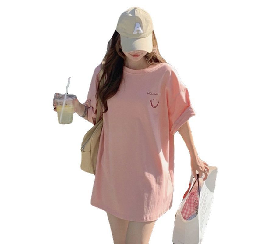 Short-Sleeve Crew Tee Face Smiley Print Neck Tunic