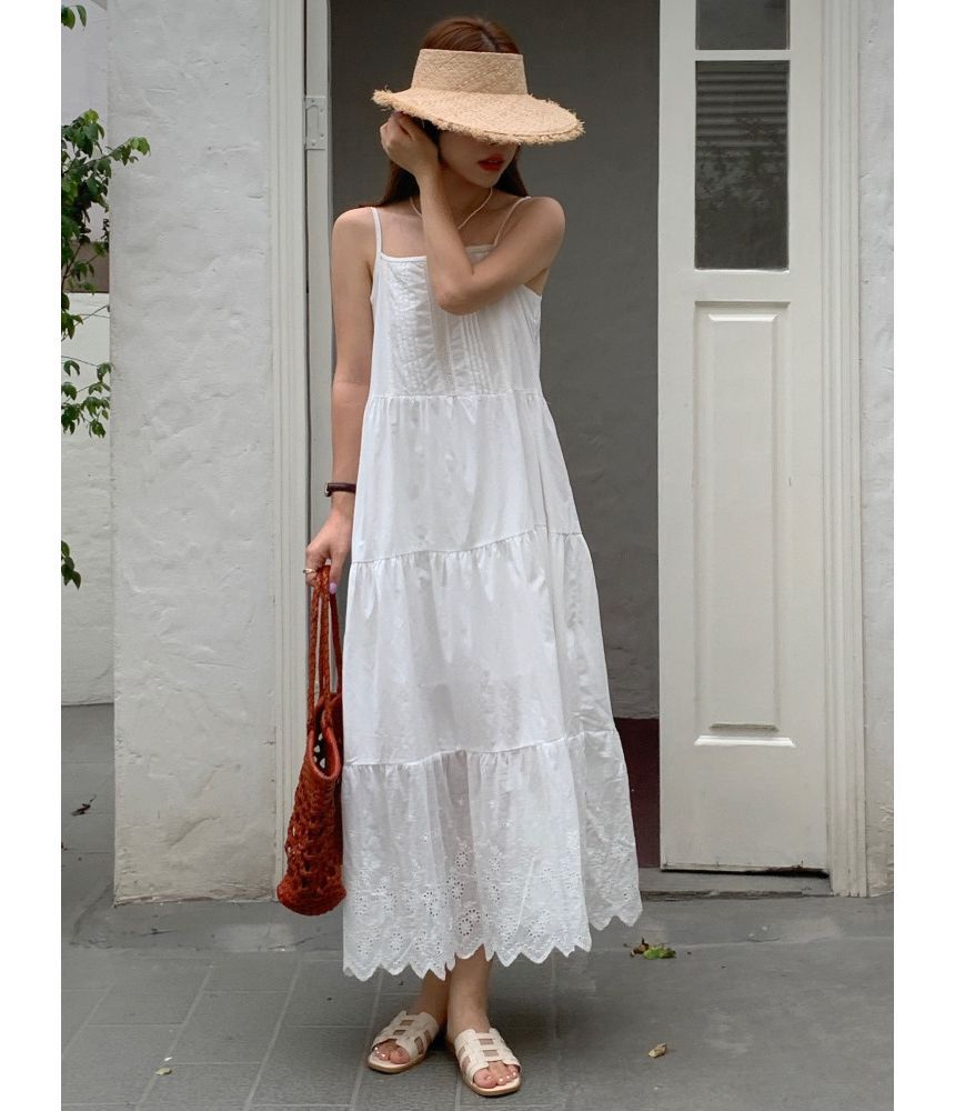 Spaghetti Strap Plain Eyelet Lace Tiered Midi A-Line Dress