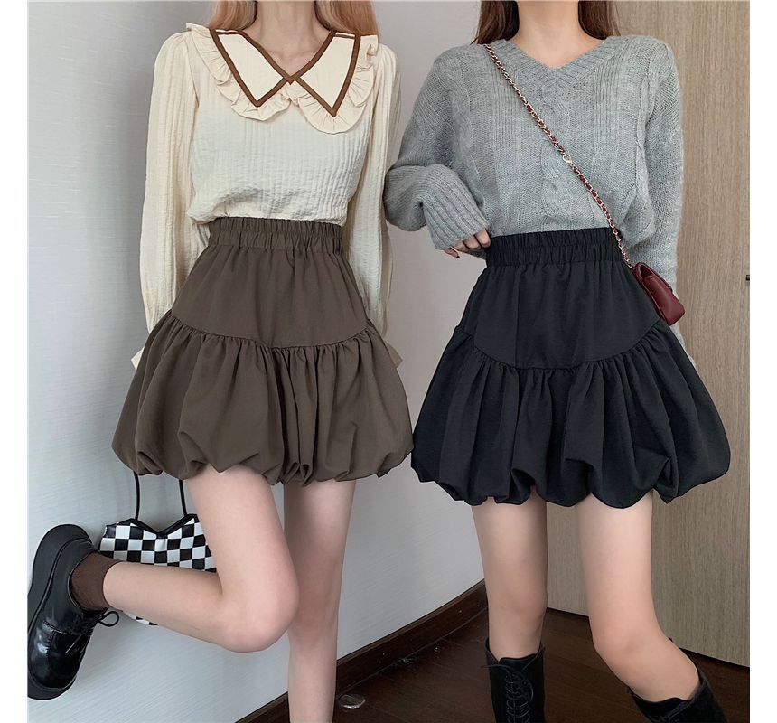 Plain High-Waist Bubble Skirt