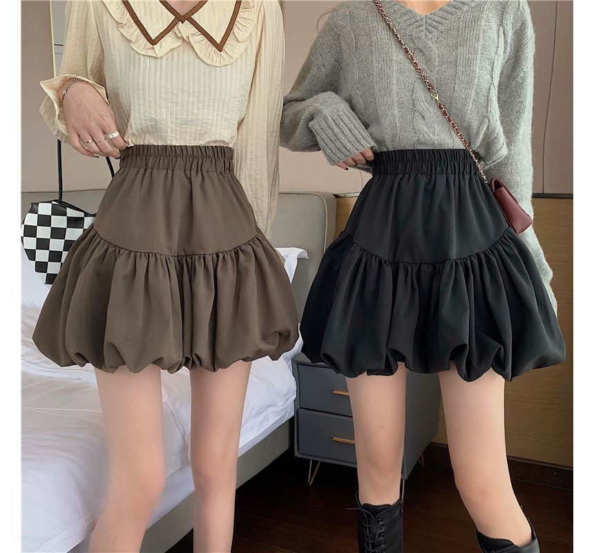 Plain High-Waist Bubble Skirt