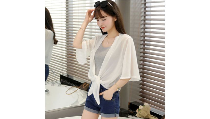 Tie Plain Chiffon Crop Front Jacket Elbow-Sleeve