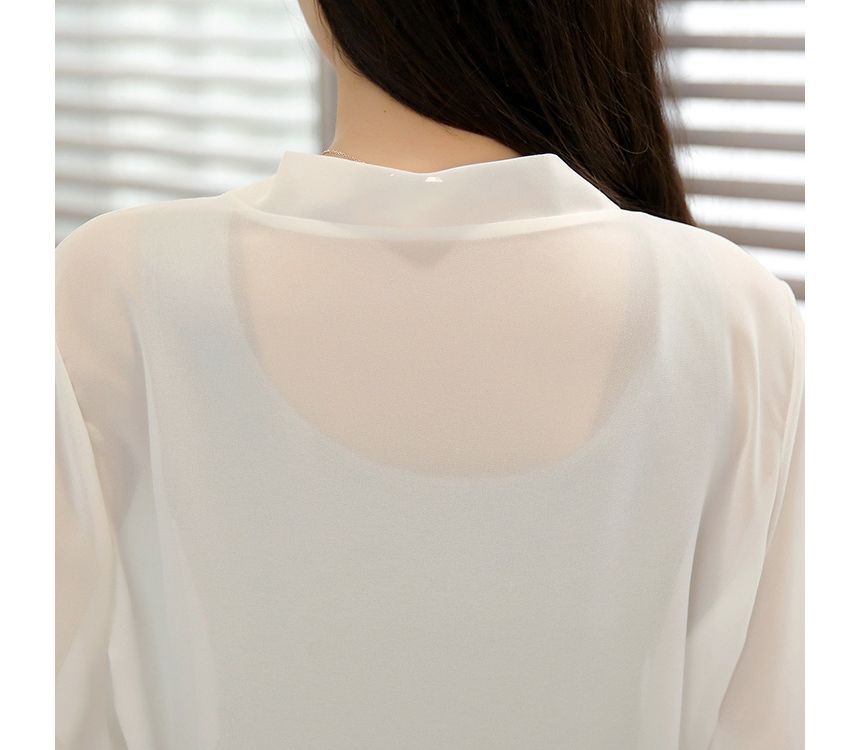Tie Plain Chiffon Crop Front Jacket Elbow-Sleeve