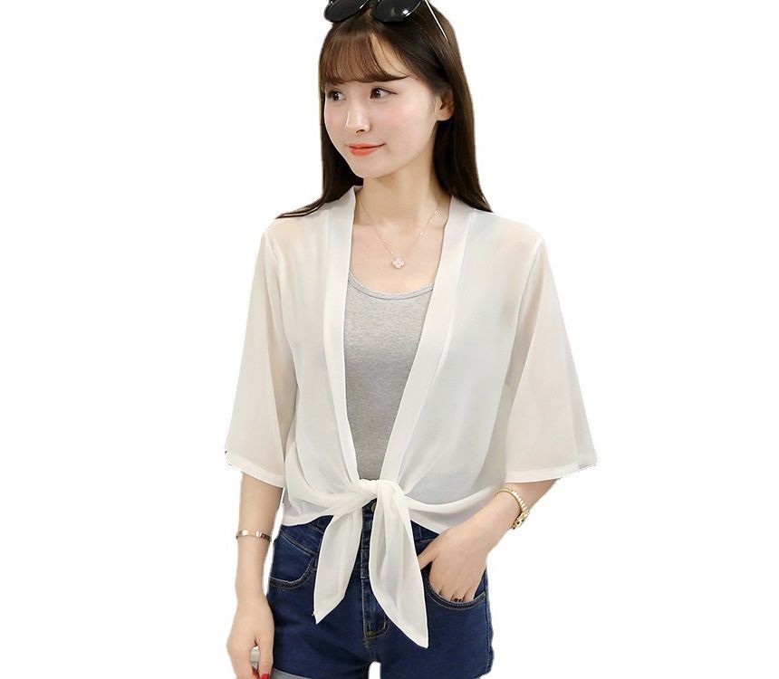 Tie Plain Chiffon Crop Front Jacket Elbow-Sleeve