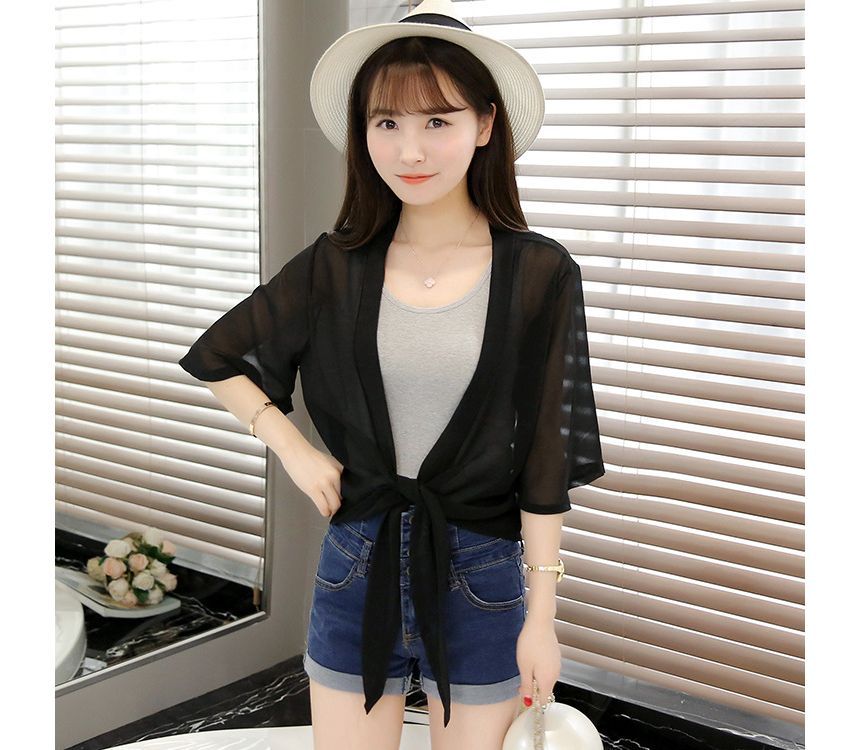 Tie Plain Chiffon Crop Front Jacket Elbow-Sleeve