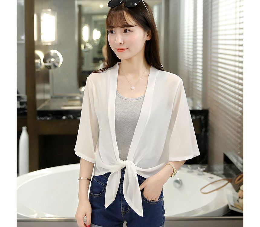 Tie Plain Chiffon Crop Front Jacket Elbow-Sleeve