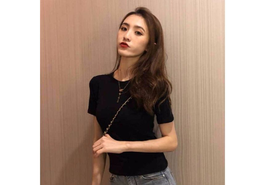 Neck Plain T-Shirt Short-Sleeve Crew