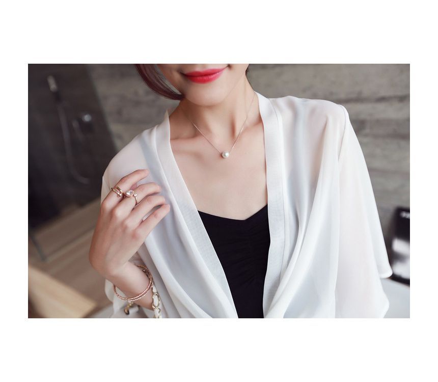 Jacket Front Crop Elbow-Sleeve Tie Chiffon Plain
