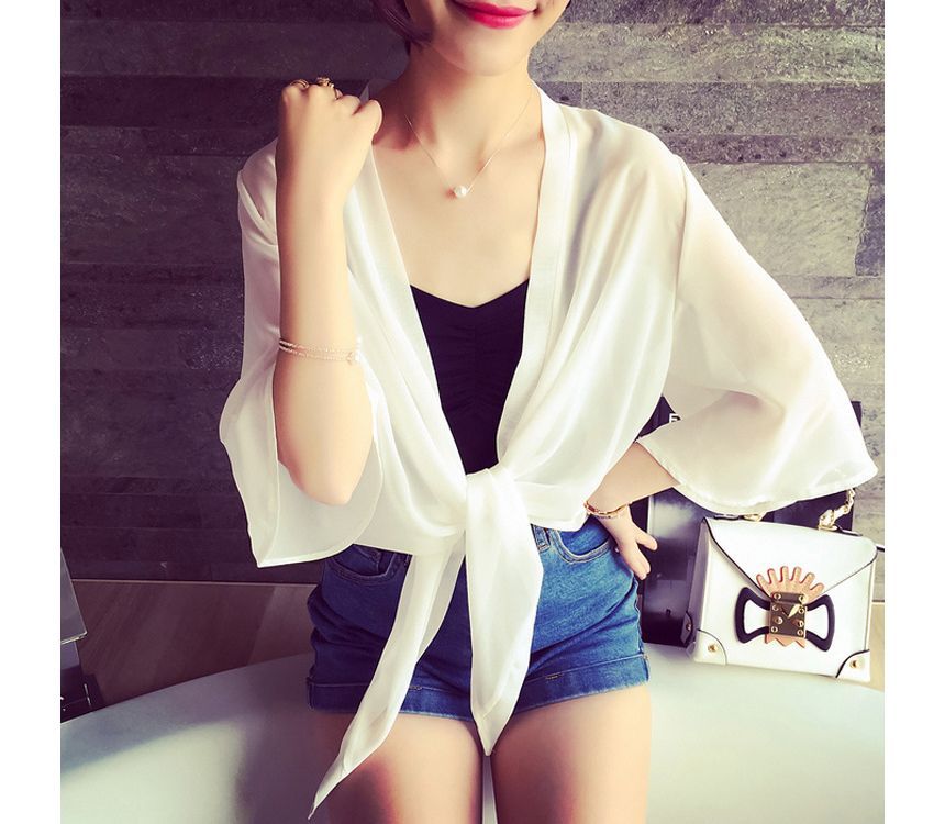 Jacket Front Crop Elbow-Sleeve Tie Chiffon Plain