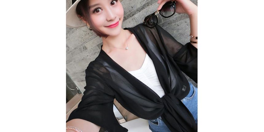 Jacket Front Crop Elbow-Sleeve Tie Chiffon Plain