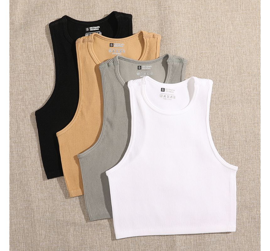 Neck Crop Plain Crew Top Tank