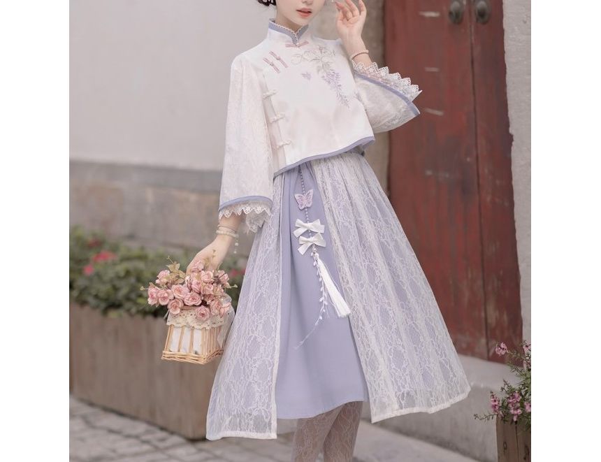 Lolita 3/4-Sleeve Qipao Top And High Rise Overlay Midi A-Line Skirt Set