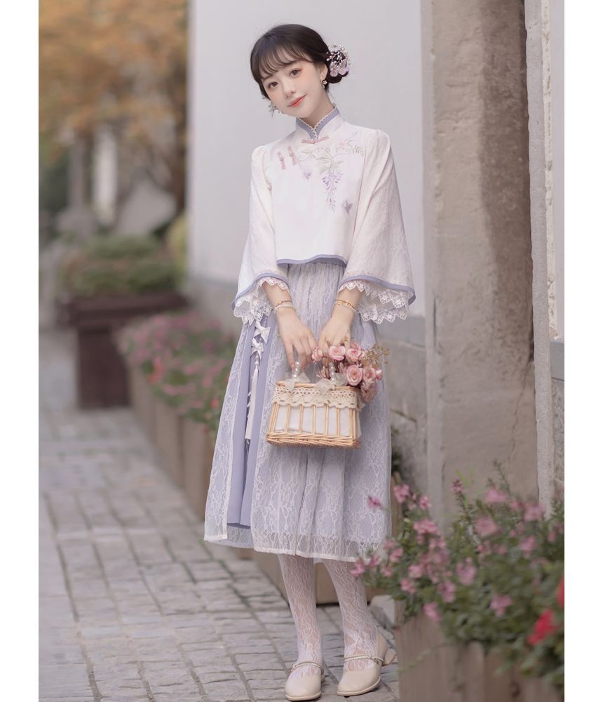 Lolita 3/4-Sleeve Qipao Top And High Rise Overlay Midi A-Line Skirt Set