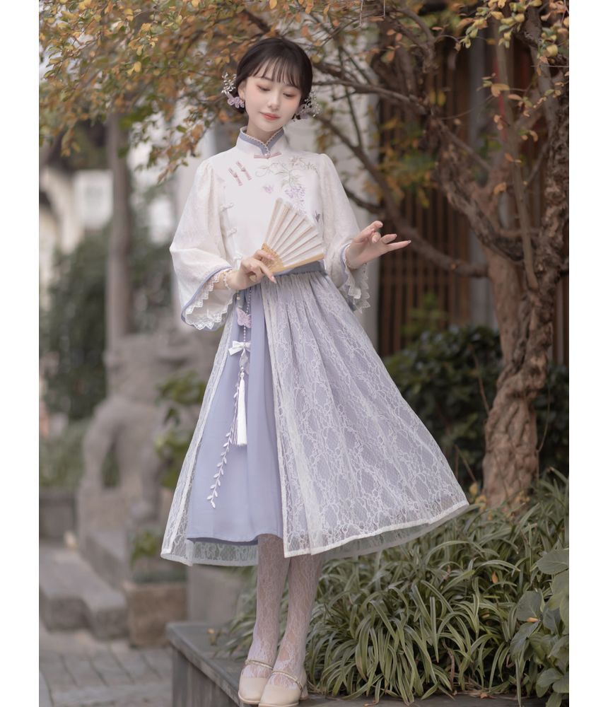 Lolita 3/4-Sleeve Qipao Top And High Rise Overlay Midi A-Line Skirt Set