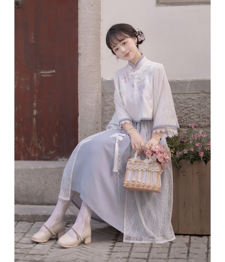 Lolita 3/4-Sleeve Qipao Top And High Rise Overlay Midi A-Line Skirt Set