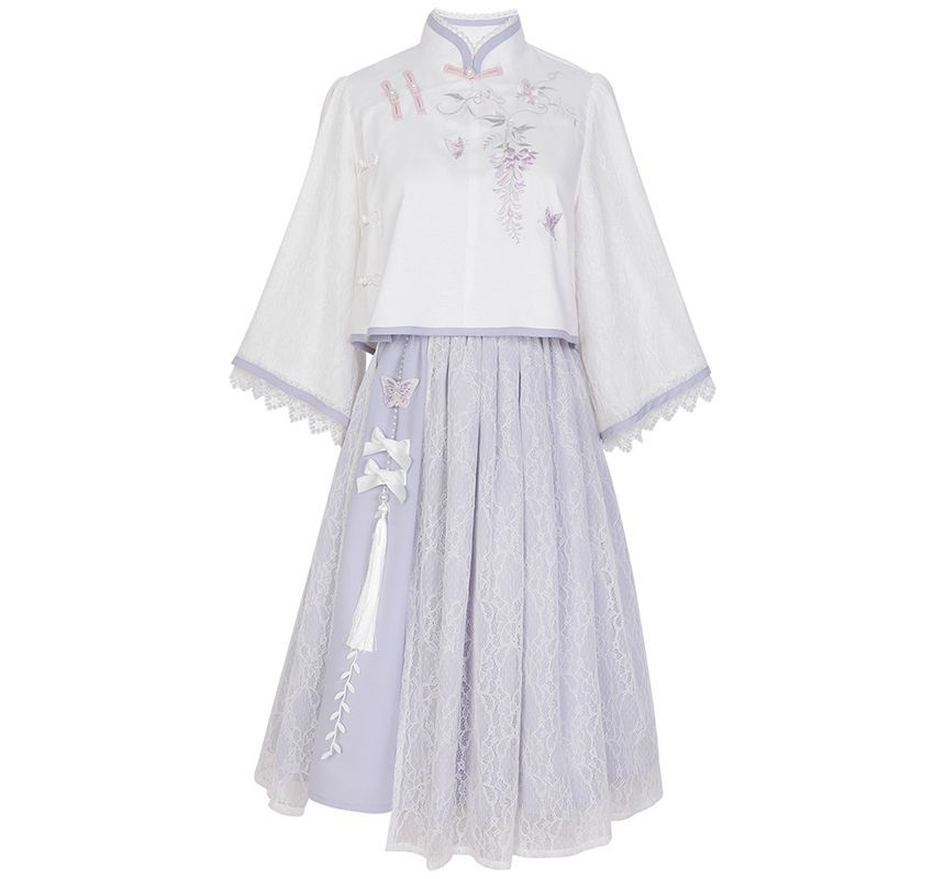 Lolita 3/4-Sleeve Qipao Top And High Rise Overlay Midi A-Line Skirt Set