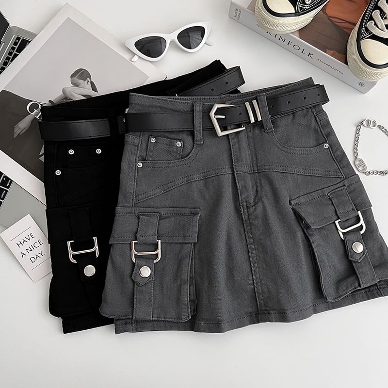 High Waist Mini Denim Cargo Skort