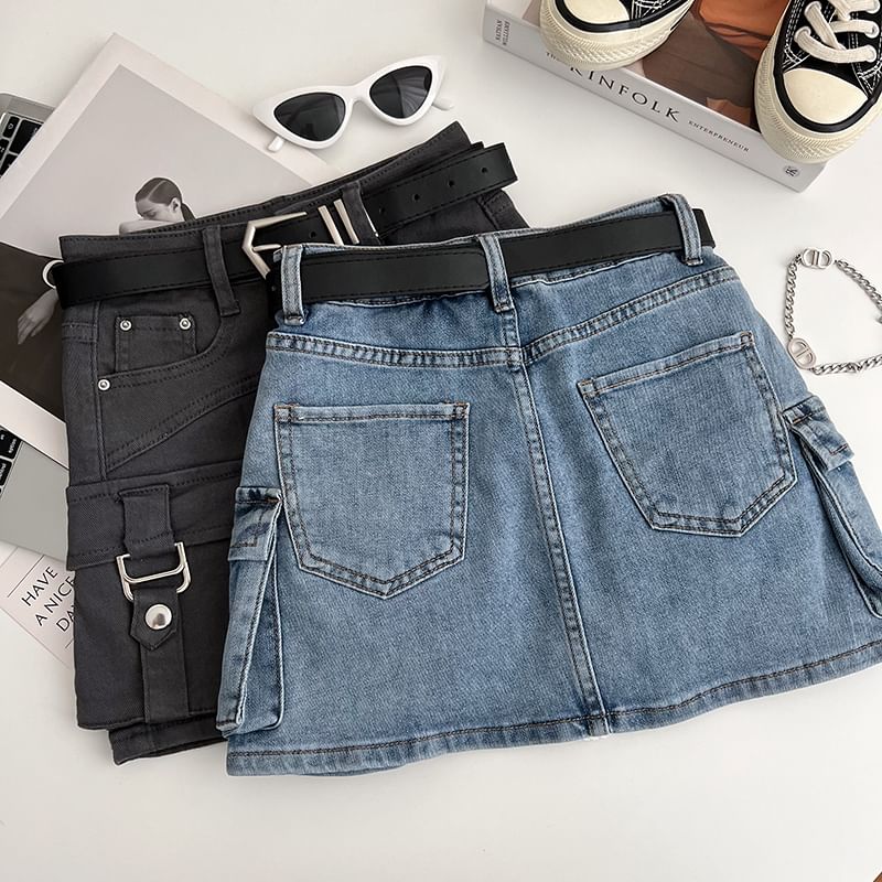 High Waist Mini Denim Cargo Skort