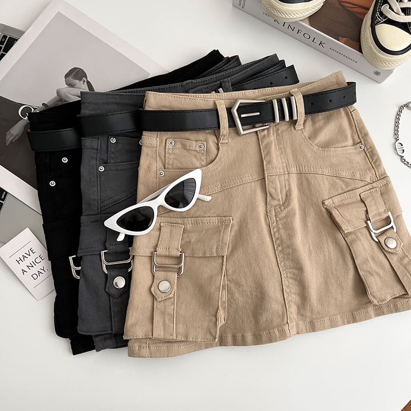High Waist Mini Denim Cargo Skort