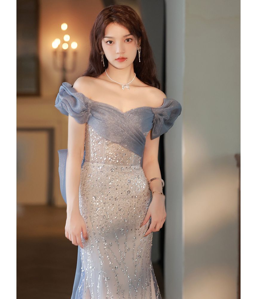 Gown Off Trained Mesh A-Line Shoulder Evening