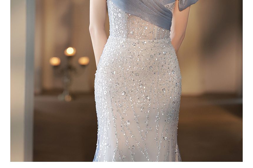 Gown Off Trained Mesh A-Line Shoulder Evening