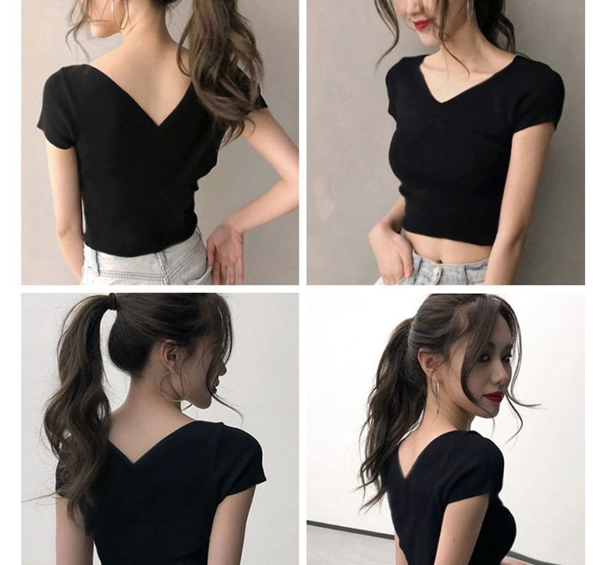 Plain T-Shirt Short-Sleeve Cropped V-Neck