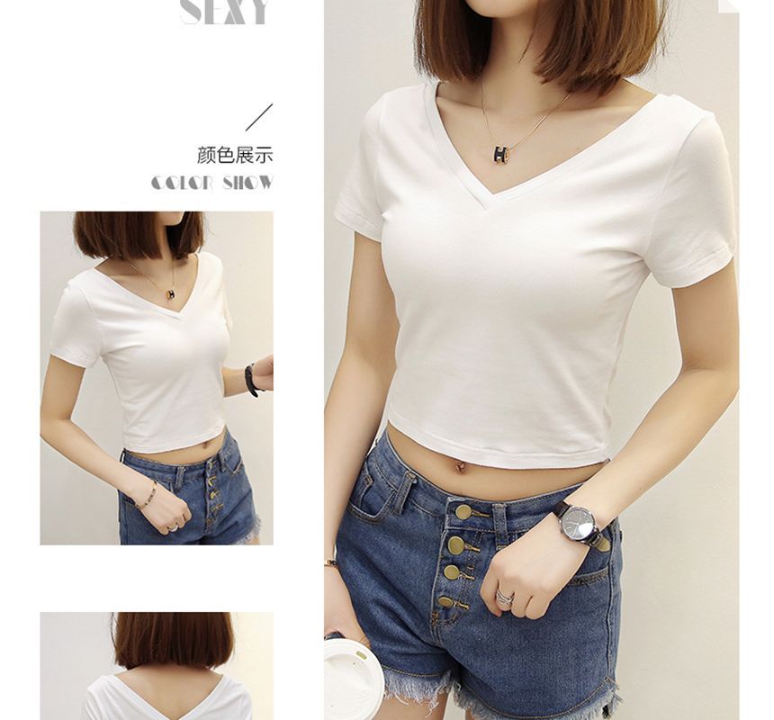 Plain T-Shirt Short-Sleeve Cropped V-Neck