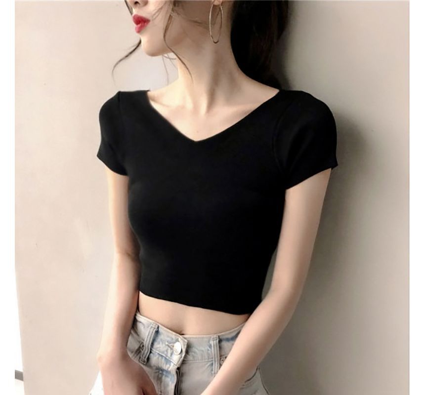 Plain T-Shirt Short-Sleeve Cropped V-Neck