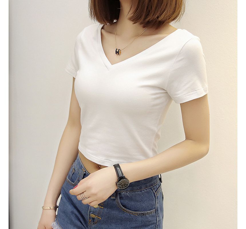 Plain T-Shirt Short-Sleeve Cropped V-Neck