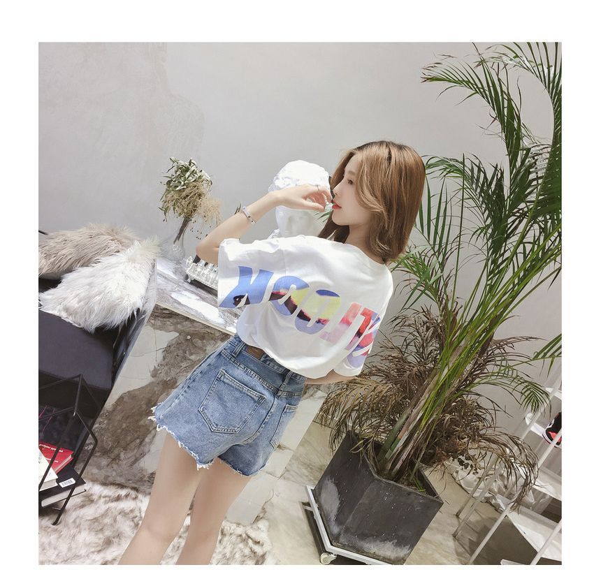 T-Shirt Neck Crew Lettering Short-Sleeve