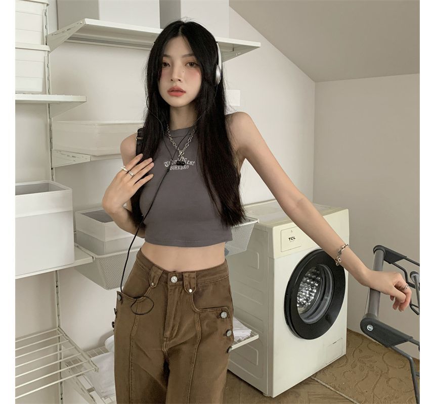 Embroidered Top Neck Letter Tank Crop Crew