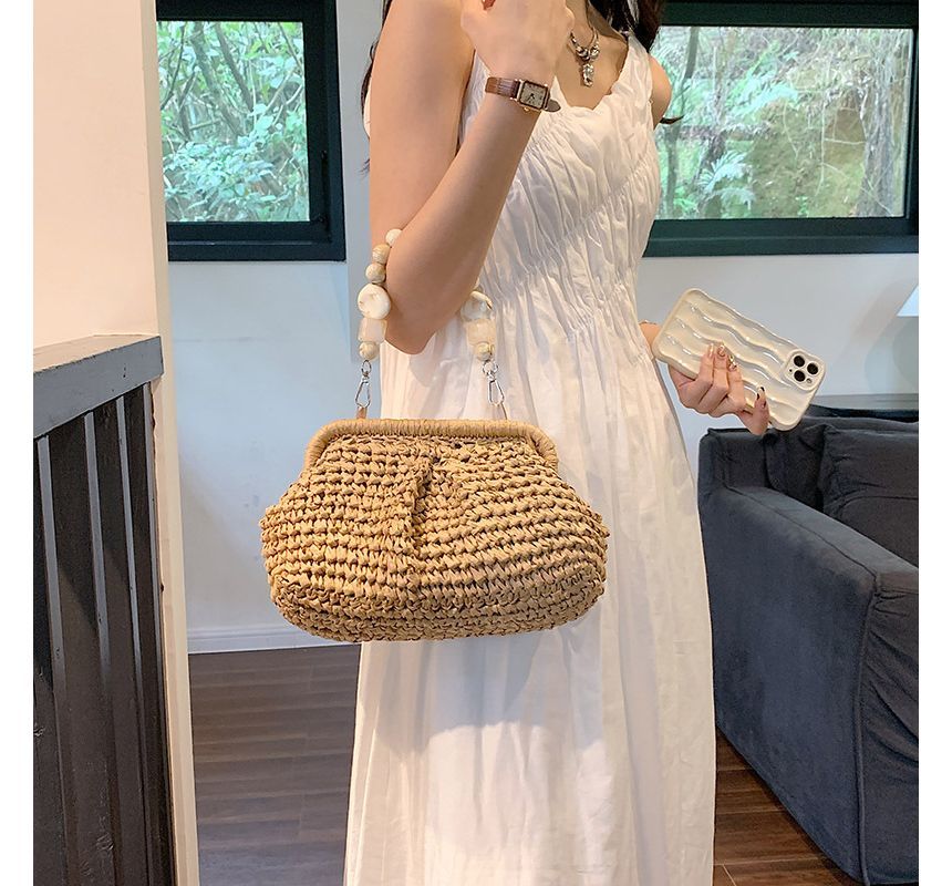 Strap Bead Straw Handbag