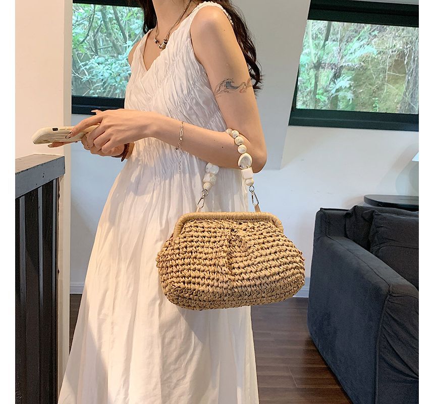 Strap Bead Straw Handbag
