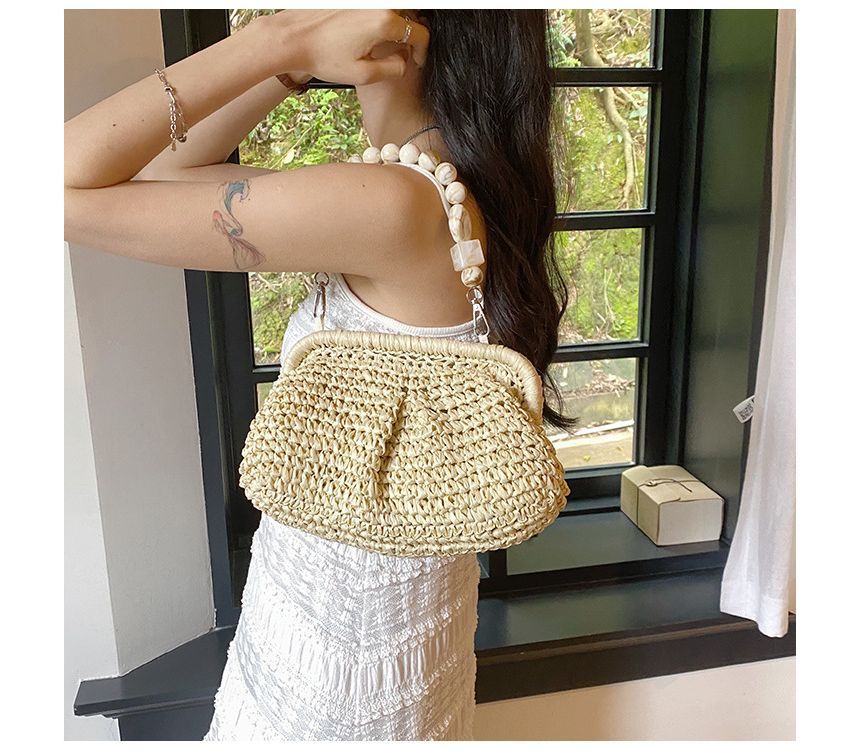 Strap Bead Straw Handbag