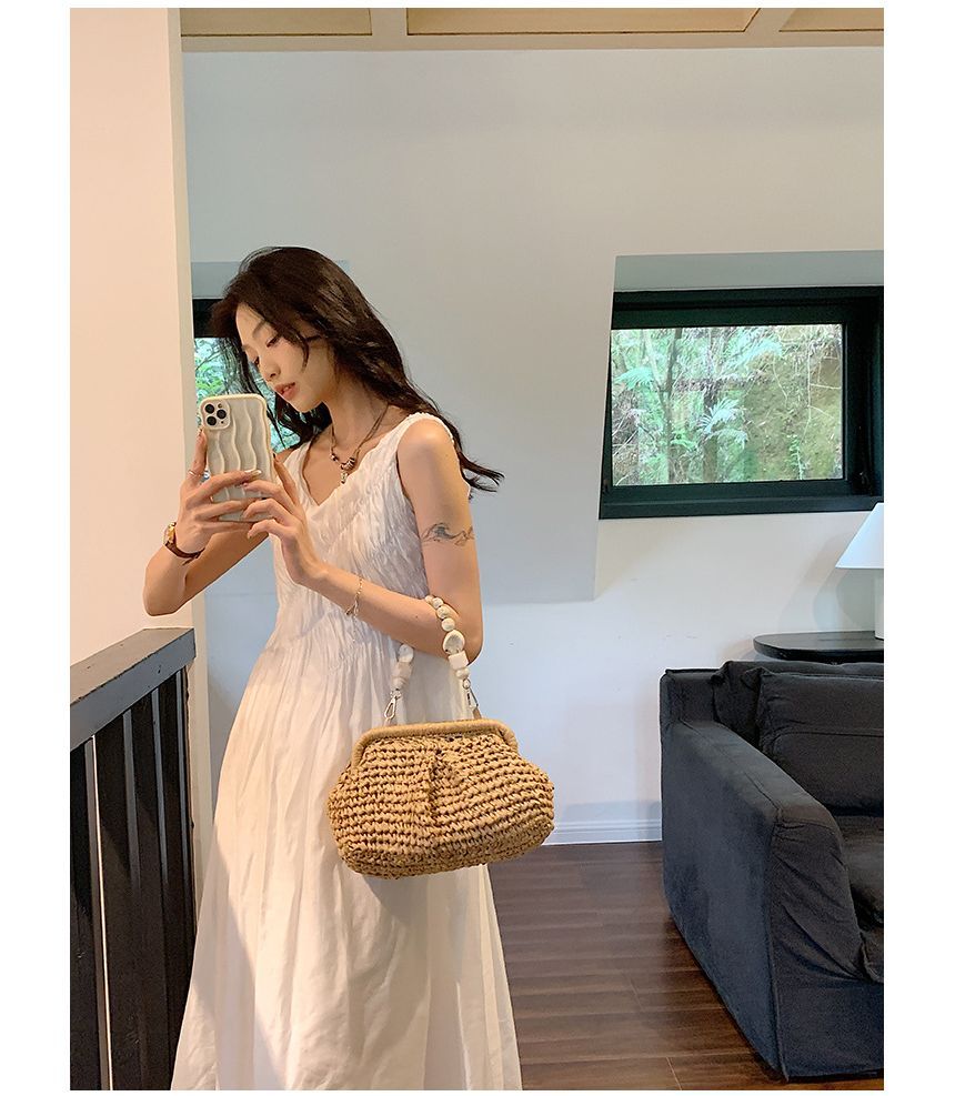 Strap Bead Straw Handbag