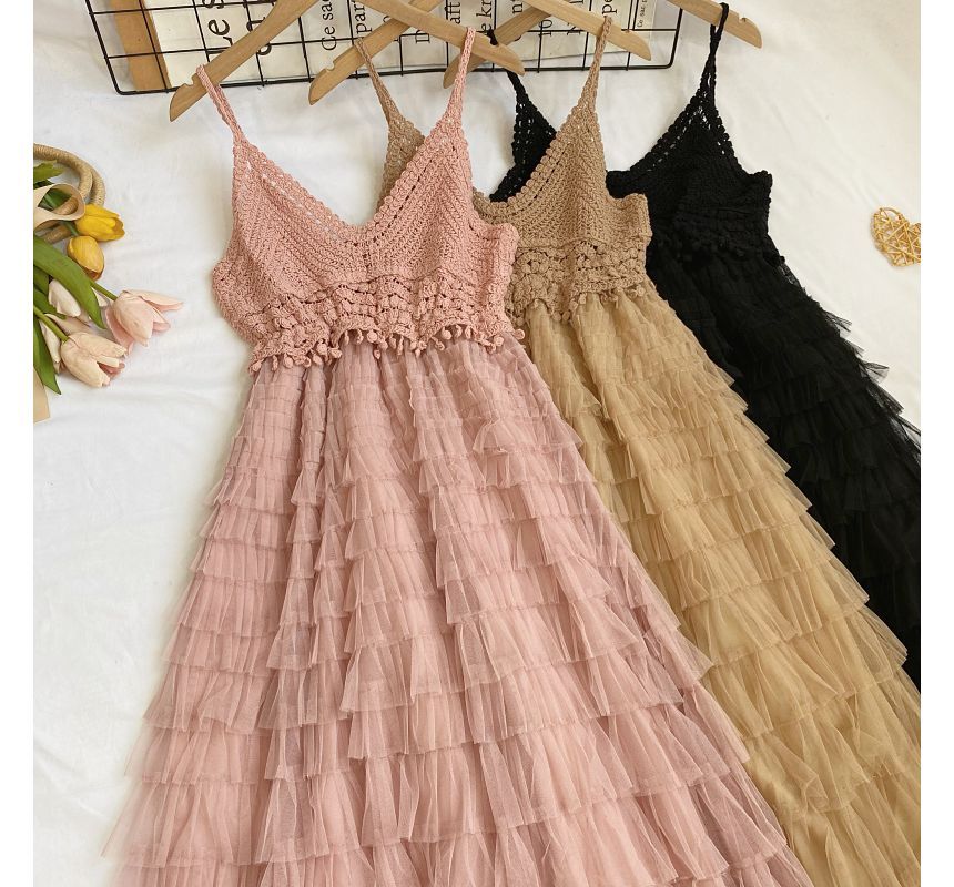 Spaghetti Strap V-Neck Plain Tiered Midi A-Line Dress
