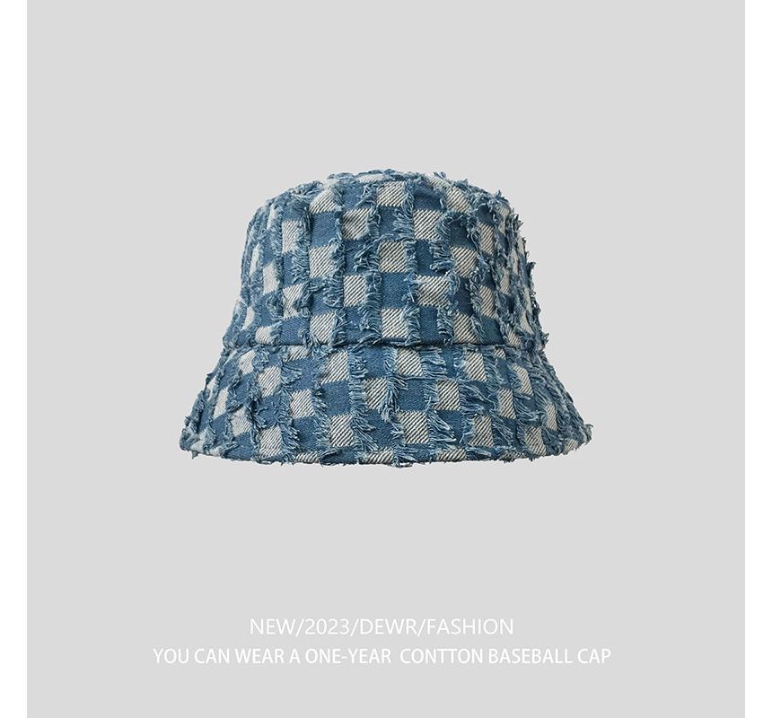 Bucket Denim Checker Fringed Hat