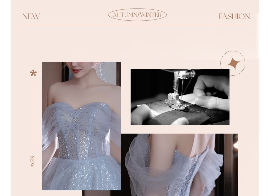 Evening Gown Midi Cold Glitter A-Line Shoulder