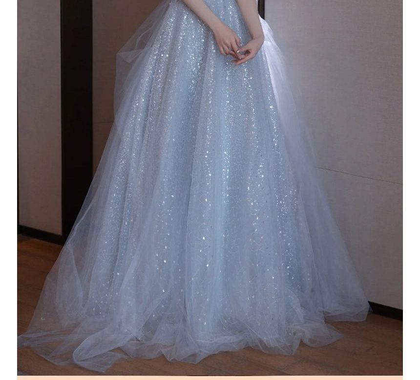 Evening Gown Midi Cold Glitter A-Line Shoulder