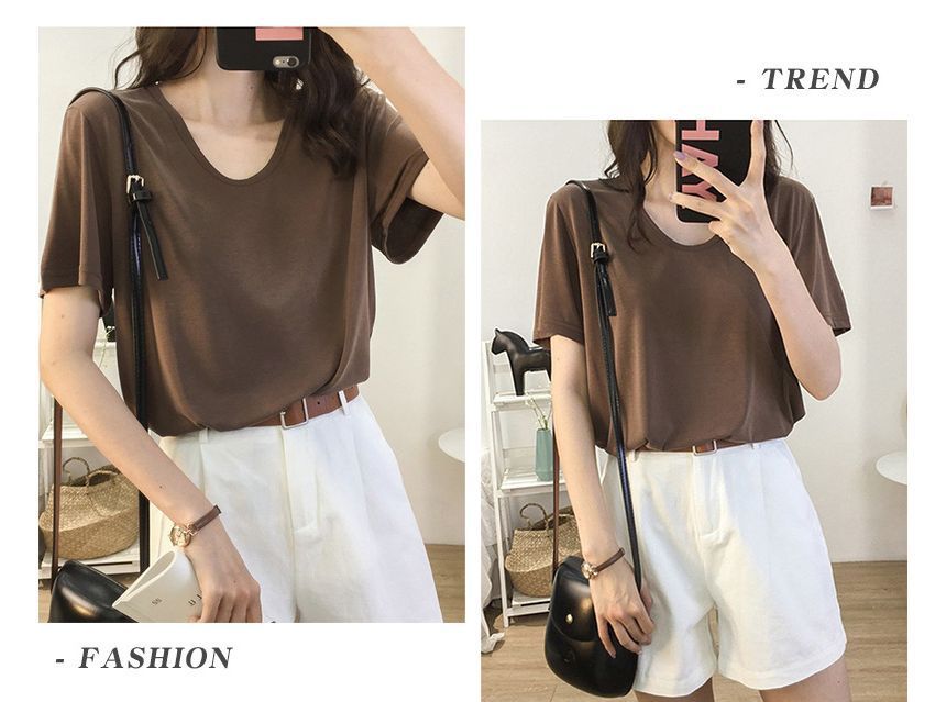 V-Neck Short-Sleeve Plain T-Shirt