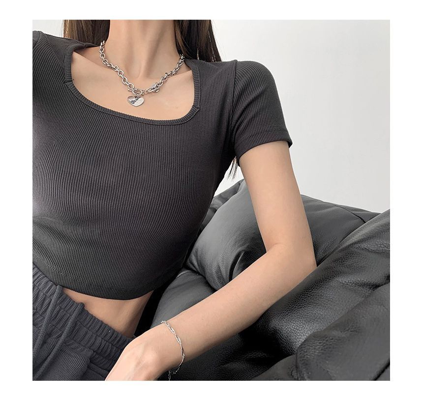 Short-Sleeve Asymmetrical Plain Square Neck Cropped T-Shirt