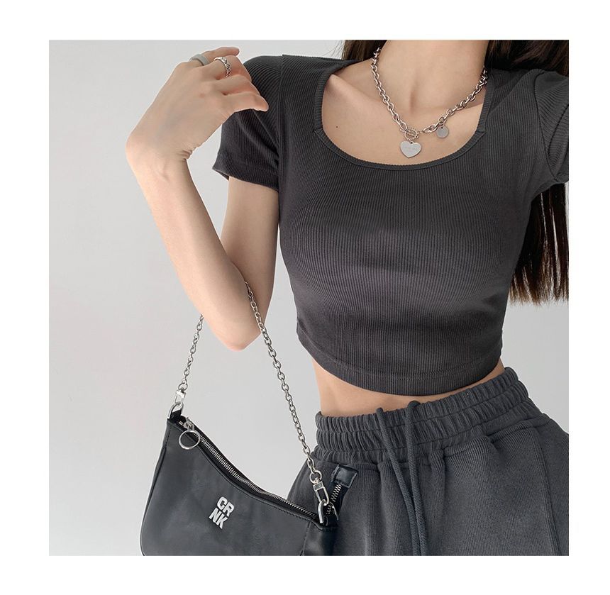 Short-Sleeve Asymmetrical Plain Square Neck Cropped T-Shirt