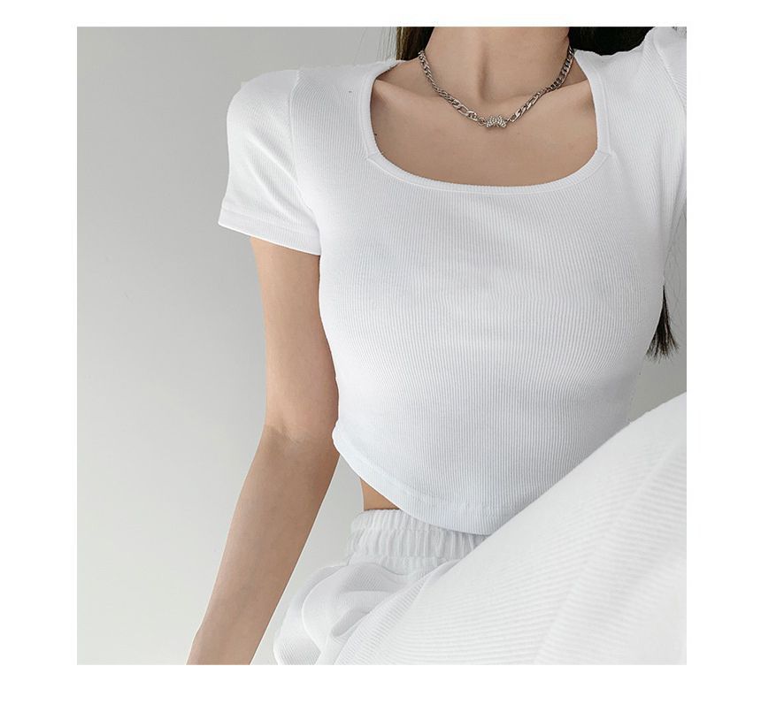 Short-Sleeve Asymmetrical Plain Square Neck Cropped T-Shirt