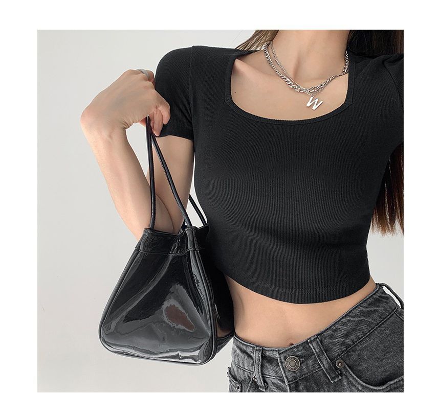 Short-Sleeve Asymmetrical Plain Square Neck Cropped T-Shirt