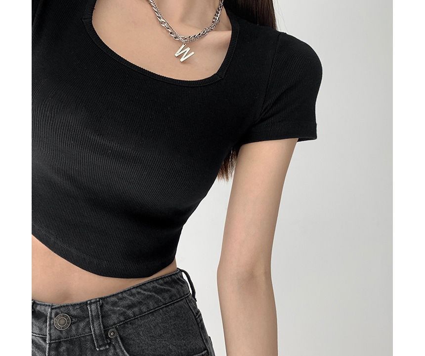 Short-Sleeve Asymmetrical Plain Square Neck Cropped T-Shirt