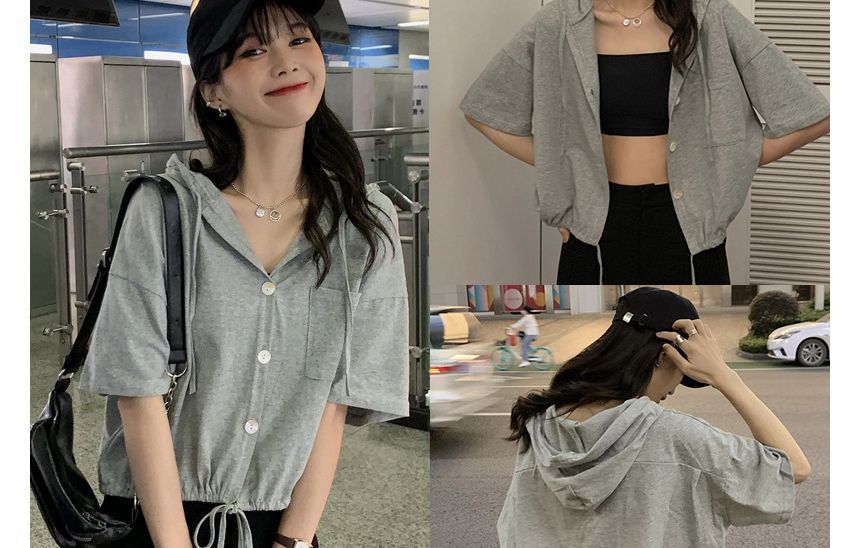 Hooded Plain Button-Up Short-Sleeve Cropped Tee