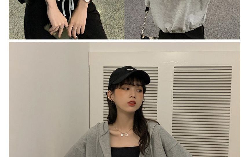 Hooded Plain Button-Up Short-Sleeve Cropped Tee